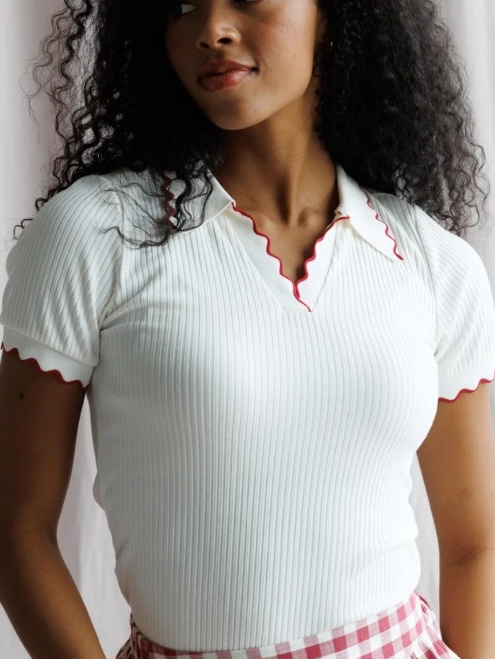 DownEast White Ribbed Polo Top with Red Scallop Trim